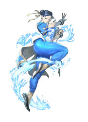  1girl absurdres ass azuma_kyoutarou_(artist) black_hair blue_dress blue_eyes blue_pants bracelet breasts china_dress chinese_clothes chun-li closed_mouth commentary double_bun dress earrings english_commentary eyeliner eyeshadow fatal_fury fighting_stance flats full_body garou:_mark_of_the_wolves gold_trim hair_bun hair_ribbon highres jewelry leg_up leggings lips looking_at_viewer makeup medium_breasts muscular muscular_female pants pearl_earrings pelvic_curtain ribbon shiny_clothes shoes short_hair short_sleeves smile solo street_fighter street_fighter_6 thick_thighs thighs tight_clothes tight_pants transparent_background water yellow_ribbon 