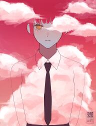  1girl absurdres black_necktie chainsaw_man closed_mouth clouds cloudy_sky collared_shirt expressionless gm_gn8 highres looking_at_viewer makima_(chainsaw_man) necktie pink_sky ringed_eyes shirt sky solo white_shirt yellow_eyes 