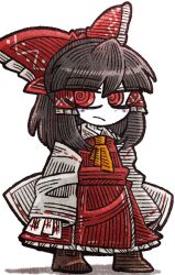  1girl @_@ amulet ascot blush blush_stickers boots bow brown_boots brown_hair chibi chibi_only collar detached_sleeves dress frills frown hair_bow hakurei_reimu holding medium_hair ponytail red_bow red_dress red_eyes standing suenari_(peace) touhou white_collar yellow_ascot 