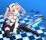  black_legwear black_thighhighs blonde_hair blue_eyes checkered checkered_floor choker copyright_request elf hairband highres pointing pointy_ears skirt solo sword tenmaso thigh-highs thighhighs twintails weapon zettai_ryouiki 