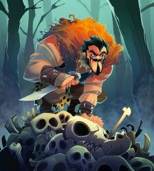  1boy absurdres animal_bones animal_print animal_skull bare_arms bare_tree beard black_hair bodysuit bone bone_necklace brett_bean dust facial_hair forest fur-trimmed_vest fur_trim goatee hand_on_ground highres kraven_the_hunter leopard_print male_focus marvel marvel_snap muscular muscular_male mustache nature official_art outdoors pile_of_skulls skull smoke solo spider-man_(series) squatting thick_eyebrows tree vest wrist_straps 