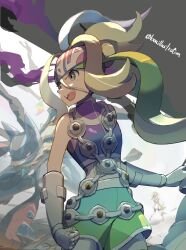  1girl blonde_hair bo_(bouillustration) clenched_hand commentary_request crop_top elbow_gloves eyelashes gloves gradient_shorts grey_eyes grey_gloves headband highres korrina_(pokemon) long_hair lucario mega_lucario mega_pokemon mega_stone midriff multiple_views open_mouth pokemon pokemon_(creature) pokemon_legends:_z-a pokemon_xy purple_headband purple_shirt shirt smile teeth twitter_username upper_teeth_only 