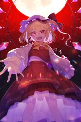  1girl :d absurdres blonde_hair bow bowtie commentary_request crystal_wings fangs feet_out_of_frame flandre_scarlet floral_print floral_print_skirt full_moon hat hat_bow highres knees lens_flare long_sleeves looking_at_viewer looking_down medium_hair mob_cap moon open_mouth outstretched_hand petticoat print_skirt puffy_long_sleeves puffy_sleeves reaching reaching_towards_viewer red_background red_bow red_eyes red_moon red_skirt red_vest shinketsu_kanyu shirt side_ponytail skirt smile solo teeth touhou upper_teeth_only vest white_hat white_shirt wings yellow_bow yellow_bowtie 