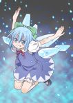  absurdres blush blush_stickers cirno grin highres jumping kurarin outstretched_arms perfect_cherry_blossom smile snow solo spread_arms touhou wings 