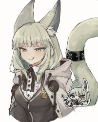  1girl :q animal_ear_fluff animal_ears arknights black_cardigan black_ribbon buttons cape cardigan chibi chibi_inset closed_mouth commentary green_eyes green_hair green_tail grey_cape harmonie_(arknights) hood hood_down hooded_cape ikhlh2 infection_monitor_(arknights) light_blush medium_hair neck_ribbon ribbon shirt simple_background smile solo tail tail_raised tongue tongue_out white_background white_shirt 