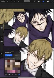  >:( 2boys art_program_in_frame black_hair blonde_hair choso_(jujutsu_kaisen) confrontation dawnis_art ear_piercing facial_mark grin highres jujutsu_kaisen male_focus multiple_boys piercing short_hair smile smirk v-shaped_eyebrows zen'in_naoya 