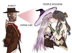  1boy 2girls aqua_hair arms_behind_back bare_shoulders black_dress black_hair black_hat black_sleeves blush brown_jacket china_dress chinese_clothes closed_eyes clothing_cutout detached_sleeves dress english_commentary english_text french_kiss gloves gradient_hair green_dress green_gloves grey_armor grey_hair hair_between_eyes hair_bun hair_ornament hair_stick hairclip hand_on_another&#039;s_neck hat herta_(honkai:_star_rail) highres honkai:_star_rail honkai_(series) jacket jewelry kiss lapels long_hair long_sleeves looking_at_another low_ponytail mandarin_collar monocle multicolored_hair multiple_girls necklace necktie open_clothes open_jacket pearl_necklace ponytail purple_hair red_hair red_necktie robot ruan_mei_(honkai:_star_rail) screwllum_(honkai:_star_rail) shirt short_sleeves shoulder_cutout sidelocks simple_background sleepybelleza sleeveless sleeveless_dress strapless strapless_dress streaked_hair the_herta_(honkai:_star_rail) upper_body white_background white_shirt wide_sleeves witch_hat yuri 