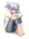  blue_eyes feet heterochromia highres lavolpe_(yagisaka_seto) leg_hug long_hair original pants purple_eyes silver_hair solo tip_toe tip_toes tiptoes toes violet_eyes yagisaka_seto 