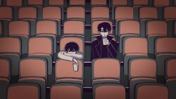  2boys black_coat black_eyes black_hair black_shirt bored coat collared_shirt drink drinking elbow_rest hand_up hashtag-only_commentary highres holding holding_drink kim_dokja leaning_forward len_i00 looking_at_viewer male_focus movie_theater multiple_boys omniscient_reader&#039;s_viewpoint open_clothes open_coat popped_collar shirt short_hair sitting upper_body white_coat yoo_joonghyuk 