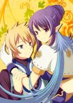  1girl ayamisiro blonde_hair blue_eyes blue_hair flynn_scifo gloves goves judith pointy_ears red_eyes tales_of_(series) tales_of_vesperia yellow_background 