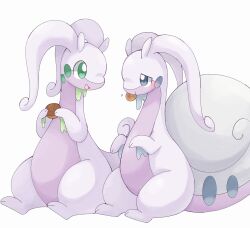  antennae blue_eyes blush closed_mouth eating food goodra green_eyes grey_eyes highres hisuian_goodra holding holding_food kuzuyu no_humans open_mouth pokemon pokemon_(creature) pokemon_focus regional_and_normal shell simple_background slime_(substance) smile tail white_background 