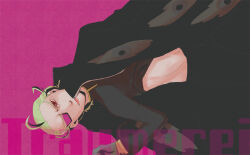  1boy arm_up black_cloak black_gloves black_pants black_shirt blonde_hair brown_cloak cloak clothes_lift commentary cover cover_page cowboy_shot doujin_cover english_text ghetsis_(pokemon) gloves hair_slicked_back high_contrast long_sleeves lying male_focus midriff midriff_peek nikuhara on_back pants partially_unbuttoned pink_background pokemon pokemon_bw2 red_eyes scouter shirt shirt_lift 