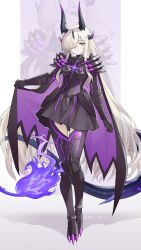  1girl absurdres alternate_costume arknights armor armored_boots armored_dress artist_name black_boots black_cape black_horns black_thighhighs blonde_hair boots cape cape_hold chinese_commentary commentary_request diffraction_spikes dress fire flame-tipped_tail full_body gauntlets green_eyes hair_over_one_eye highres horns jiuyu_qame knee_boots long_hair looking_at_viewer monster_hunter_(series) necrass_(arknights) one_eye_covered purple_cape purple_fire purple_horns smile solo standing tail thigh-highs two-sided_cape two-sided_fabric very_long_hair zoom_layer 