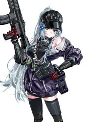  1girl absurdres assault_rifle baseball_cap girls'_frontline_2:_exilium girls_frontline green_eyes gun h&amp;k_hk416 hat heckler_&amp;_koch highres hk416_(girls'_frontline) kazukingu klukai_(girls'_frontline_2) rifle simple_background solo tattoo teardrop teardrop_facial_mark teardrop_tattoo weapon white_background 