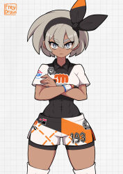  1girl artist_name bea_(pokemon) black_bodysuit black_gloves black_hairband bodysuit bodysuit_under_clothes bright_pupils closed_mouth collared_shirt commentary covered_abs covered_navel cowboy_shot crop_top crossed_arms dark-skinned_female dark_skin dynamax_band english_commentary eyelashes fingernails freydraws gloves grey_eyes grey_hair grid_background hairband highres pokemon pokemon_swsh shirt short_hair short_sleeves shorts single_glove solo straight-on thick_eyebrows thigh-highs toned toned_female v-shaped_eyebrows white_pupils white_shirt white_shorts white_thighhighs 