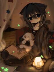  1girl :&lt; absurdres animal_ears black_cardigan black_hair blanket blush book cardigan cat_ears hair_between_eyes hair_intakes highres lamp mellt_1c open_book original sitting sleeves_past_wrists solo star_(symbol) stuffed_animal stuffed_dog stuffed_toy tearing_up tent 
