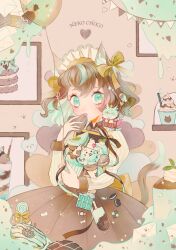  1girl animal_ears balloon bow bowtie brown_bow brown_bowtie brown_hair brown_skirt candy cat_ears cat_girl cat_tail chocolate chocolate_bar collared_shirt colored_inner_animal_ears colored_inner_hair commentary_request cowboy_shot doughnut ear_bow eating eyelashes familiar food gold_bow green_eyes green_hair green_streaks heart heart-shaped_chocolate heart-shaped_food highres ice_cream ice_cream_bar juliet_sleeves light_blush lollipop long_sleeves maid_headdress mint_chocolate multicolored_hair open_mouth oreo original picture_frame pinstripe_pattern pinstripe_shirt pleated_skirt puffy_sleeves ryokuno_green shirt short_hair skirt solo standing streaked_hair string_of_flags sweets swirl_lollipop tail white_shirt 