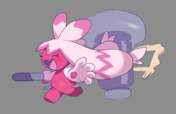 closed_eyes colored_skin commentary fangs full_body hammer holding holding_hammer huge_weapon long_hair open_mouth pink_hair pink_skin pokemon pokemon_(creature) pokemon_focus shisantian simple_background skin_fangs smile solo symbol-only_commentary tinkaton weapon 
