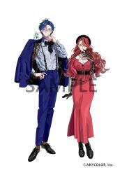  1boy 1girl animal_on_shoulder aqua_eyes arm_at_side belt belt_buckle beret black_belt black_boots black_bow black_bowtie black_gloves black_hair black_hat black_jacket black_shoes blue_eyes blue_hair blue_jacket blue_pants blue_suit boots bow bowtie bracelet brown_socks buckle closed_mouth collared_shirt colored_lapels copyright_notice cross-laced_shoes crossed_legs dress_shoes ear_piercing earrings elbow_gloves finger_to_mouth full_body glasses gloves hair_over_one_eye hand_on_own_chin hand_on_own_hip hat hobble_skirt jacket jacket_on_shoulders jewelry keiko_(um7mr1) lace lace-up_boots lace_gloves lain_paterson lapels leos_vincent long_hair long_skirt long_sleeves looking_at_viewer mameneko_(leos_vincent) multicolored_hair multiple_bracelets multiple_necklaces multiple_rings necklace nijisanji notched_lapels official_art pants patterned_clothing pearl_bracelet pearl_earrings pearl_necklace piercing puffy_sleeves red_hair red_lips red_shirt red_skirt ring sample_watermark shirt shoes short_hair side-by-side side_part simple_background skirt skirt_set smile socks standing straight-on streaked_hair suit suit_jacket suspenders swept_bangs three-quarter_sleeves two-sided_fabric two-sided_jacket underbust virtual_youtuber watermark watson_cross wavy_hair white_background wing_collar 