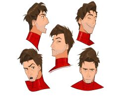  1boy beard_stubble bodysuit brown_eyes brown_hair closed_mouth cropped_shoulders dingnin98201637 facial_hair frown hashtag-only_commentary highres looking_to_the_side male_focus marvel multiple_expressions multiple_views open_mouth peter_b_parker red_bodysuit short_hair sideways_glance simple_background spider-man spider-man:_across_the_spider-verse spider-man_(series) spider-verse spider_web_print stubble teeth upper_teeth_only white_background 