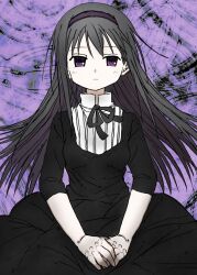  1girl abstract_background akemi_homura akemi_homura_(black_dress) black_dress black_hair black_ribbon dress expressionless funeral_dress hairband highres long_hair looking_at_viewer mahou_shoujo_madoka_magica mahou_shoujo_madoka_magica:_hangyaku_no_monogatari neck_ribbon purple_background purple_hairband ribbon shiki_mori_(sh1k1_illust) shirt solo v_arms violet_eyes white_shirt 