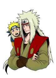  2boys black_eyes blonde_hair blue_eyes closed_mouth cropped_torso crossed_arms facial_mark forehead_protector jiraiya_(naruto) konohagakure_symbol long_hair long_sleeves looking_at_viewer male_focus multiple_boys naruto_(classic) naruto_(series) open_mouth short_hair spiky_hair tamagokara teeth uzumaki_naruto whisker_markings white_background white_hair 