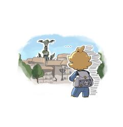  ... 1boy ahoge blonde_hair blue_jumpsuit blue_sky clemont_(pokemon) day garatechi highres in-universe_location jacket jumpsuit lamppost long_sleeves lumiose_city outdoors pokemon pokemon_legends:_z-a prism_tower sky tower tree white_bag 