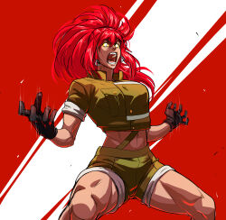  1girl absurdres alternate_hair_color black_gloves dark_persona earrings gloves green_jacket green_shorts highres jacket jewelry leona_heidern mastrocecchi midriff orochi_leona ponytail red_eyes shorts soldier suspenders the_king_of_fighters toned transformation triangle_earrings 