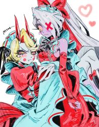  2girls :t apron bare_shoulders black_bow black_bowtie black_nails black_socks blonde_hair blush bow bow_legwear bowtie breasts buttons charlie_morningstar circle_facial_mark colored_sclera colored_skin demon_girl demon_horns dress elbow_gloves english_text feet_out_of_frame fingerless_gloves fingernails frilled_apron frills frown gloves hair_bow hair_over_one_eye halftone halftone_background hashtag-only_commentary hatching_(texture) hazbin_hotel headdress heart hellaverse high_ponytail highres horns hug juliet_sleeves kneehighs long_fingernails long_hair long_sleeves looking_at_another looking_at_viewer maid_apron maid_headdress medium_dress multiple_girls nail_polish one_eye_covered petticoat pink_sclera ponytail puffy_sleeves purple_skin red_bow red_dress red_gloves red_horns scar_across_eyes simple_background sleeveless sleeveless_dress slit_pupils small_breasts socks sweatdrop v-shaped_eyebrows vaggie very_long_hair waist_apron white_apron white_background white_hair white_skin wktmqtj yellow_eyes yuri 