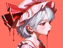 1girl ascot blood blood_drip blood_from_mouth frilled_hat frills gem hat highres kingrun mob_cap pin pink_background pink_shirt purple_hair red_ascot red_eyes red_gemstone red_lips remilia_scarlet shirt short_hair simple_background solo touhou 