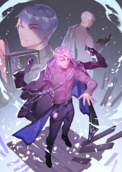  1boy black_coat black_gloves black_pants black_shoes book closed_mouth coat coat_on_shoulders commentary double-parted_bangs english_commentary full_body gloves grey_eyes grey_hair grey_shirt hair_between_eyes holding holding_book looking_at_viewer lydialing_draws male_focus multiple_views open_book pants pink_hair shirt shoes short_hair standing the_ink_apprentice wooden_floor 