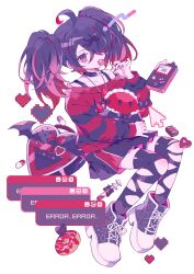  1girl absurdres ahoge alternate_costume ame-chan_(needy_girl_overdose) artist_request black_bow black_choker black_eyes black_hair black_nails black_shoes black_skirt black_thighhighs bow candy chocolate choker collarbone commentary cursor doughnut fingernails food gothic_punk hair_bow hair_over_one_eye handheld_game_console heart highres holding holding_candy holding_food holding_lollipop holding_stuffed_toy jewelry lollipop long_sleeves medicine miniskirt nail_polish necklace needy_girl_overdose off-shoulder_shirt off_shoulder one_eye_covered pixel_heart punk second-party_source shirt shoes short_twintails simple_background skirt stuffed_toy symbol-only_commentary syringe thigh-highs torn_clothes torn_thighhighs twintails two-tone_shirt white_background window_(computing) 