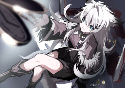  1girl absurdres animal_ears arknights black_boots black_dress black_gloves blue_eyes blurry blurry_background boots bright_pupils commentary crossed_legs depth_of_field dress feet_out_of_frame from_above fur-trimmed_dress fur_trim gloves grin hair_between_eyes highres knee_boots lappland_(arknights) lappland_(refined_horrormare)_(arknights) long_hair long_sleeves official_alternate_costume pocket_watch sigma_zan sitting smile solo watch white_hair white_pupils wolf_ears wolf_girl 