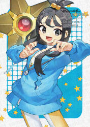  1girl :d black_hair blue_hoodie choker commentary_request cube_hair_ornament grey_eyes hair_ornament hands_up happy hood hood_down hoodie leggings lida_(pokemon) long_hair open_mouth pokemon pokemon_(creature) pokemon_legends:_z-a print_shirt shirt sidelocks smile staryu tongue topknot watermark white_choker yamanashi_taiki 