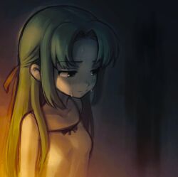  1girl 482egg averting_eyes bare_shoulders camisole closed_mouth collarbone dim_lighting english_commentary green_eyes green_hair hair_ribbon half_updo higurashi_no_naku_koro_ni long_hair nervous ribbon solo sonozaki_shion sweat white_camisole yellow_ribbon 