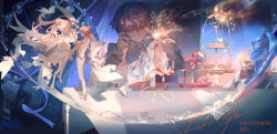  1boy 1girl ascot blonde_hair blue_eyes cake dancing dress english_text fireworks flower food formal_clothes hair_between_eyes halo highres holding holding_fireworks jewelry liulianjingrua long_hair long_sleeves male_focus multiple_views original roi_(virtuareal) shirt short_hair sitting suit table white_ascot white_dress 
