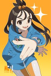  1girl ame_akira black_hair blue_hoodie choker collarbone commentary cube_hair_ornament earclip grey_eyes hair_ornament highres hood hood_down hoodie jacket leggings lida_(pokemon) long_hair long_sleeves looking_at_viewer mega_ring open_mouth orange_leggings outstretched_arms pokemon pokemon_legends:_z-a shirt smile solo symbol-only_commentary teeth topknot two-tone_legwear white_choker white_leggings white_shirt wispy_bangs 