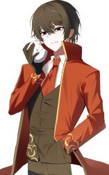  1boy absurdres black_eyes black_gloves black_hair black_jacket black_pants eating food gloves gold_trim hand_up hi_i_dubu highres jacket limbus_company liu_association_south_uniform male_focus pants project_moon red_jacket simple_background solo steamed_bun white_background yi_sang_(project_moon) 