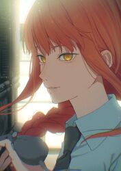  1girl absurdres alley braid braided_ponytail building chainsaw_man commentary highres long_hair looking_at_viewer makima_(chainsaw_man) mouse_(animal) outdoors parted_lips red_hair ringed_eyes rinzawa sidelocks solo yellow_eyes 