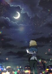  1boy blonde_hair blue_jacket blurry bokeh building cellphone city_lights clouds collared_jacket crescent_moon depth_of_field facing_away feet_out_of_frame flipped_hair from_behind green_eyes green_pants grey_shirt hashtag-only_commentary highres holding holding_phone jacket layered_sleeves lens_flare long_sleeves male_focus mise_yuzuki moon moonlight night night_sky nijisanji pants phone plaid_clothes plaid_jacket ribbed_shirt shirt short_hair short_over_long_sleeves short_sleeves sky smartphone solo standing star_(sky) starry_sky uzuki_kou uzuki_kou_(1st_costume) v-neck virtual_youtuber white_jacket 