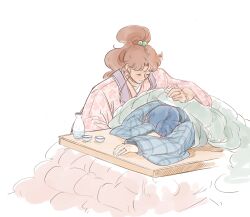  2girls bishoujo_senshi_sailor_moon blue_hair bottle brown_hair choko_(cup) closed_eyes cup hair_bobbles hair_ornament highres japanese_clothes jewelry kimono kino_makoto kotatsu long_hair mercuri0ff mizuno_ami multiple_girls ponytail ring sake_bottle simple_background sleeping table wedding_ring white_background wife_and_wife yuri 