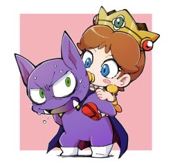  1boy 1girl baby baby_daisy blue_cape blue_eyes cape carrying chiyo_(shuten_dj) colored_skin crown fangs green_eyes highres pacifier piggyback pink_background pointy_ears princess_daisy purple_skin red_shoes shoes simple_background super_mario_bros. super_mario_land tatanga white_shoes 