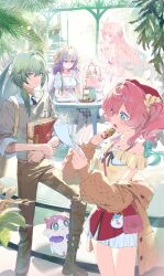  1boy 1girl 3girls alternate_costume anaxa_(honkai:_star_rail) aqua_eyes aqua_hair blue_eyes castorice_(honkai:_star_rail) chimera_(honkai:_star_rail) closed_mouth commentary cookie cyrene_(honkai:_star_rail) cyrene_(ripples_of_past_reverie)_(honkai:_star_rail) dohyo123123 dress drill_hair flower food hair_between_eyes hair_ornament hat highres honkai:_star_rail honkai_(series) hyacine_(honkai:_star_rail) long_hair looking_at_viewer medium_hair multicolored_hair multiple_girls open_mouth pink_hair pointy_ears purple_hair shirt smile symbol-only_commentary table twintails very_long_hair violet_eyes 