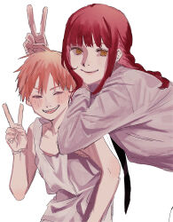 1boy 1girl aged_down black_necktie blonde_hair braid braided_ponytail chainsaw_man closed_eyes closed_mouth denji_(chainsaw_man) highres long_hair looking_at_viewer makima_(chainsaw_man) mitsuru_time necktie red_hair ringed_eyes short_hair sidelocks simple_background smile tank_top v white_background white_tank_top yellow_eyes 