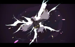  animal_focus bird black_border border feathers full_body gliding grey_feathers hisuian_braviary isutai pokemon pokemon_(creature) purple_background simple_background solo talons white_feathers 