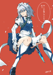  1girl absurdres apron arm_belt artist_name black_choker blue_eyes blue_shoes blue_skirt blue_vest bow braid choker collared_shirt commentary_request gloves green_bow grey_hair hair_bow highres holding holding_knife izayoi_sakuya kakaricho_dairi kneehighs knife loafers long_hair maid maid_headdress orange_background shirt shoes skirt smile socks solo speech_bubble touhou translation_request twin_braids vest waist_apron white_apron white_gloves white_shirt white_socks 