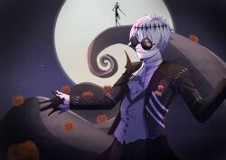  2boys black_crown crown diamond_hairband gloves iruma_hibiki jack_skellington jacket long_sleeves looking_at_viewer male_focus moon multiple_boys pinstripe_jacket pinstripe_pattern pinstripe_suit pinstripe_vest pumpkin round_eyewear short_hair skeleton_print skully_j._graves smile striped_clothes striped_jacket striped_vest suit sunglasses the_nightmare_before_christmas twisted_wonderland vertical-striped_clothes vertical-striped_vest vest white_hair 