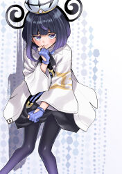  1girl alternate_legwear black_dress black_hair black_pantyhose blue_gloves blush bob_cut coat commentary_request dress gloves gradient_hair gradient_pantyhose gwynn_(pokemon) hat highres long_sleeves looking_at_viewer multicolored_hair open_clothes open_coat pantyhose partially_fingerless_gloves pokemon pokemon_legends:_z-a purple_hair purple_pantyhose short_hair solo sweatdrop takanashi_ringo violet_eyes white_coat wide_sleeves 