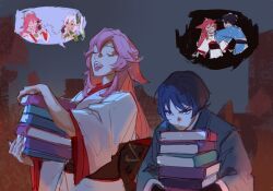  1boy 2girls :p absurdres aina_(mayexplode) alternate_skin_color alternate_universe armlet arms_at_sides black_eyes black_hair black_sash blue_kimono blunt_ends book book_stack closed_eyes colored_tips dark-skinned_female dark_skin detached_sleeves dress empty_eyes eyeliner eyeshadow facing_up fang fangs fingernails genshin_impact gold_trim green_hair green_sleeves hair_between_eyes hair_ornament hand_on_own_face hands_up highres holding holding_book holding_phone index_finger_raised japanese_clothes jewelry kimono kosode long_hair makeup multicolored_hair multiple_girls nahida_(genshin_impact) obi open_mouth phone pink_hair pink_nails red_eyeliner red_eyeshadow red_kimono red_sleeves sash scaramouche_(genshin_impact) sharp_fingernails side_ponytail sidelocks skin_fang speech_bubble spoken_character strangling three-quarter_sleeves tongue tongue_out white_dress white_hair white_kimono white_sleeves wispy_bangs x_x yae_miko 