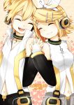  arm_warmers atlas_kei blonde_hair brother_and_sister closed_eyes detached_sleeves eyes_closed hair_ornament hair_ribbon hairclip hand_holding headphones highres holding_hands kagamine_len kagamine_len_(append) kagamine_rin kagamine_rin_(append) nail_polish navel navel_cutout ribbon short_hair shorts siblings smile twins vocaloid vocaloid_append 